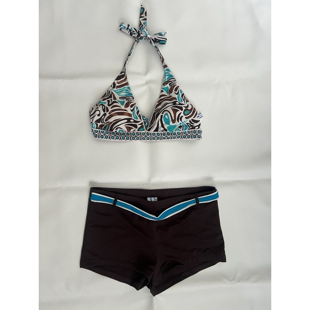 South Point Swimsuit 2 Piece Set Aqua Brown Size 14 Beach Vacation Resortwear